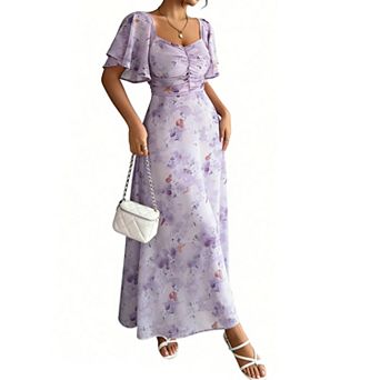Women's Flutter Sleeve Maxi Dress Square Neck Ruffled Floral Elegant Long Summer Dress