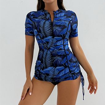 Women's Short Sleeve Rash Guard Swimsuit Zip-Front Bathing SuitSwimwear for Water Sports & Beach