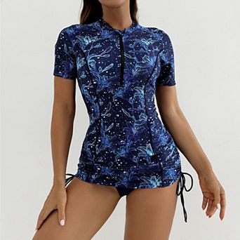 Women's Short Sleeve Rash Guard Swimsuit Zip-Front Bathing SuitSwimwear for Water Sports & Beach
