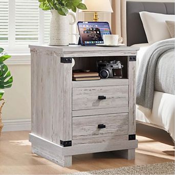 Farmhouse Nightstand with Charging Station, 2-Drawer, Open Shelf, Wood Bedside Tables for Bedroom