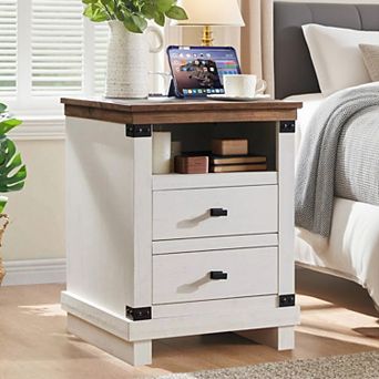 Farmhouse Nightstand with Charging Station, 2-Drawer, Open Shelf, Wood Bedside Tables for Bedroom