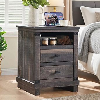 Farmhouse Nightstand with Charging Station, 2-Drawer, Open Shelf, Wood Bedside Tables for Bedroom