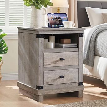 Farmhouse Nightstand with Charging Station, 2-Drawer, Open Shelf, Wood Bedside Tables for Bedroom