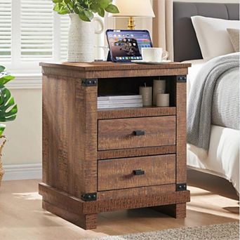 Farmhouse Nightstand with Charging Station, 2-Drawer, Open Shelf, Wood Bedside Tables for Bedroom