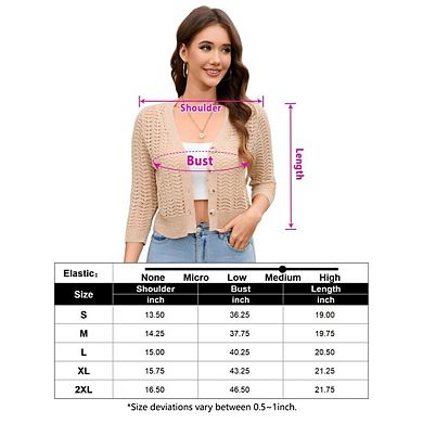Women 3/4 Sleeve Cropped Lightweight Button Down Sweater Knit Cardigan
