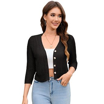 Women 3/4 Sleeve Cropped Lightweight Button Down Sweater Knit Cardigan