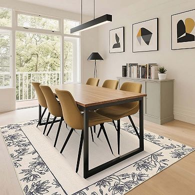 Solid Floral Modern Bordered Washable Area Rug-Non-Slip Low Pile Ultra Thin for Living Room Bedroom