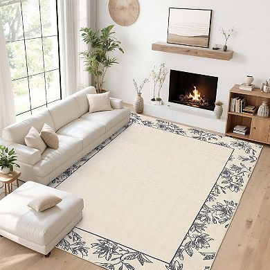 Solid Floral Modern Bordered Washable Area Rug-Non-Slip Low Pile Ultra Thin for Living Room Bedroom