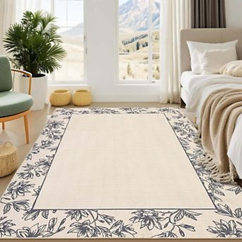 Solid Floral Modern Bordered Washable Area Rug-Non-Slip Low Pile Ultra Thin for Living Room Bedroom