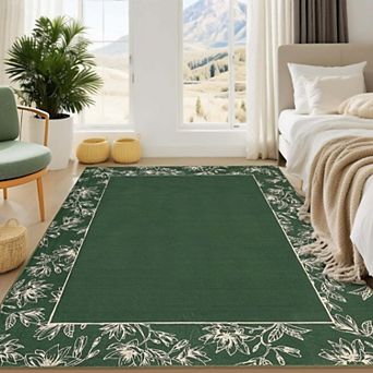 Solid Floral Modern Bordered Washable Area Rug-Non-Slip Low Pile Ultra Thin for Living Room Bedroom