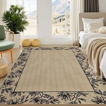 Solid Floral Modern Bordered Washable Area Rug-Non-Slip Low Pile Ultra Thin for Living Room Bedroom