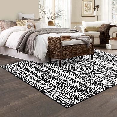 Large Stain-Resistant Low Pile Indoor Carpet, Boho Geometric Floor Mat for Living Room Bedroom