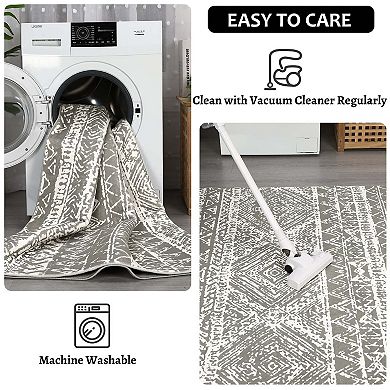 Large Stain-Resistant Low Pile Indoor Carpet, Boho Geometric Floor Mat for Living Room Bedroom