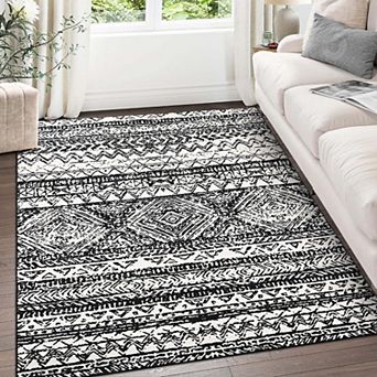 Large Stain-Resistant Low Pile Indoor Carpet, Boho Geometric Floor Mat for Living Room Bedroom