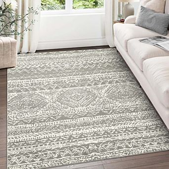 Large Stain-Resistant Low Pile Indoor Carpet, Boho Geometric Floor Mat for Living Room Bedroom