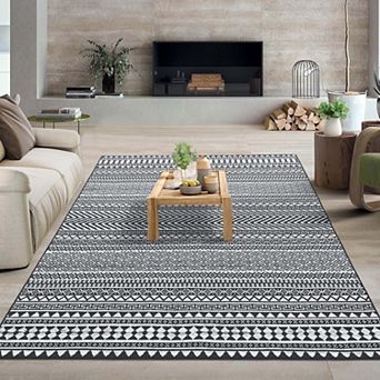 Large Geometric Bohemian Washable Area Rug, Farmhouse Non-Slip Accent Carpet for Living Room