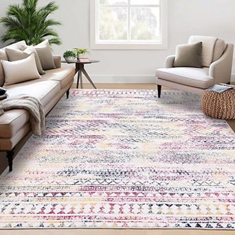 Large Geometric Bohemian Washable Area Rug, Farmhouse Non-Slip Accent Carpet for Living Room