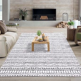 Large Geometric Bohemian Washable Area Rug, Farmhouse Non-Slip Accent Carpet for Living Room