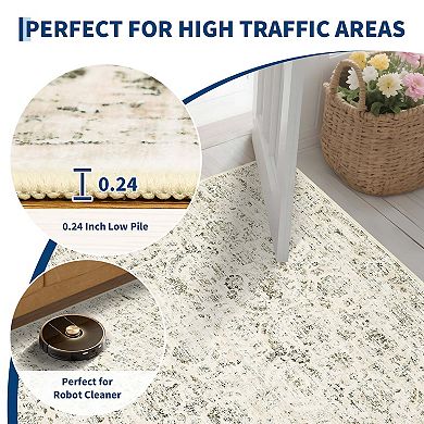 Vintage Contemporary Washable Runner Rug-Non-Slip Low Pile Stain Resistant Soft Carpet for Kitchen