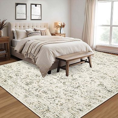 Vintage Contemporary Washable Runner Rug-Non-Slip Low Pile Stain Resistant Soft Carpet for Kitchen