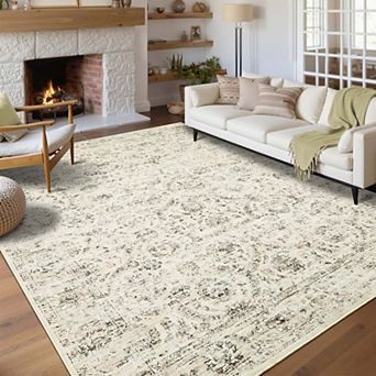 Vintage Contemporary Washable Runner Rug-Non-Slip Low Pile Stain Resistant Soft Carpet for Kitchen