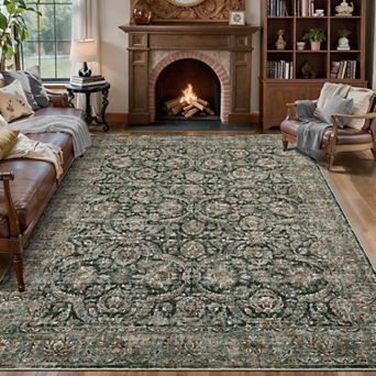 Vintage Contemporary Washable Runner Rug-Non-Slip Low Pile Stain Resistant Soft Carpet for Kitchen