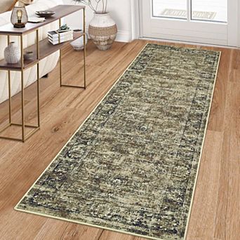 Vintage Contemporary Washable Runner Rug-Non-Slip Low Pile Stain Resistant Soft Carpet for Kitchen