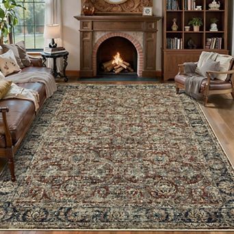 Vintage Contemporary Washable Runner Rug-Non-Slip Low Pile Stain Resistant Soft Carpet for Kitchen