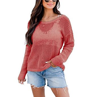 Loose Knit Summer Tops for Women Crewneck Long Sleeve Crochet Hollow Out Tops Beach Cover Ups