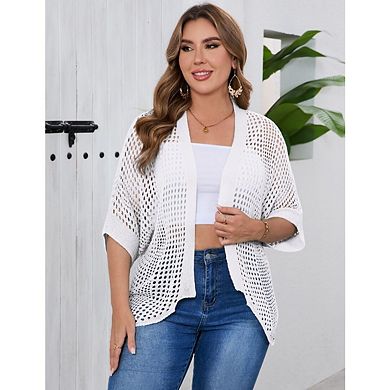 Women Plus Size Lightweight Crochet Short Sleeve Kimonos Boho Open Front Knitted Cardigans