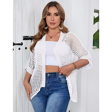 Women Plus Size Lightweight Crochet Short Sleeve Kimonos Boho Open Front Knitted Cardigans