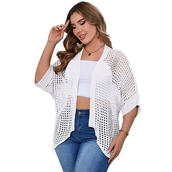 Women Plus Size Lightweight Crochet Short Sleeve Kimonos Boho Open Front Knitted Cardigans
