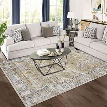 Washable Vintage Floral Distressed Rug,Low Pile Non-Slip Non-Shedding Rugs for Bedroom Living Room