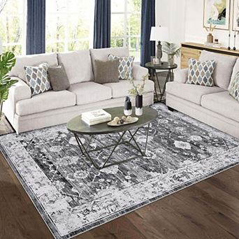 Washable Vintage Floral Distressed Rug,Low Pile Non-Slip Non-Shedding Rugs for Bedroom Living Room
