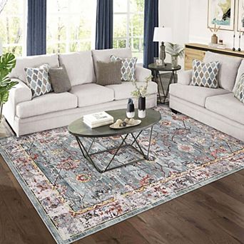 Washable Vintage Floral Distressed Rug,Low Pile Non-Slip Non-Shedding Rugs for Bedroom Living Room