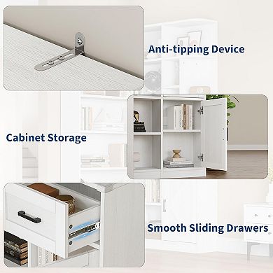 Corner Bookshelf L-Shaped Bookcase with Drawer and Cabinets Storage Bookshelf with Open Shelves