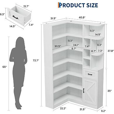 Corner Bookshelf L-Shaped Bookcase with Drawer and Cabinets Storage Bookshelf with Open Shelves