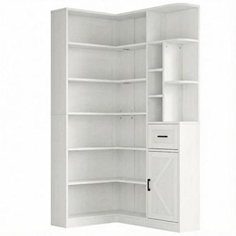 Corner Bookshelf L-Shaped Bookcase with Drawer and Cabinets Storage Bookshelf with Open Shelves