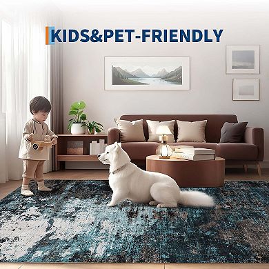 Modern Abstract Washable Area Rug-Non-Slip Low Pile Stain Resistant for Bedroom Dining Room Office