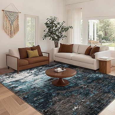 Modern Abstract Washable Area Rug-Non-Slip Low Pile Stain Resistant for Bedroom Dining Room Office