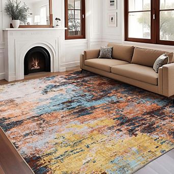 Modern Abstract Washable Area Rug-Non-Slip Low Pile Stain Resistant for Bedroom Dining Room Office