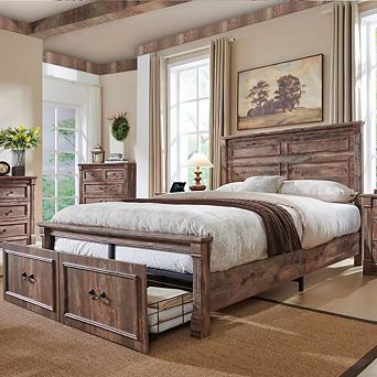 Farmhouse Full Size Platform Bed Frame with Storage Drawers, No Box Spring Needed