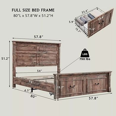 Farmhouse Full Size Platform Bed Frame with Storage Drawers, No Box Spring Needed