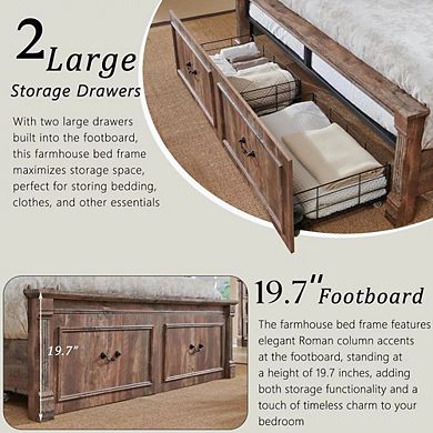 Farmhouse Full Size Platform Bed Frame with Storage Drawers, No Box Spring Needed