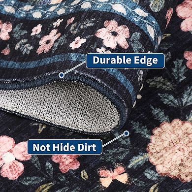 ANIXOL Washable Faux Wool Vintage Floral Print Area Rug