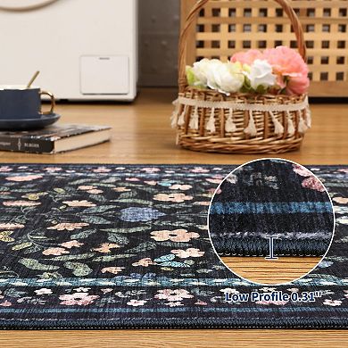 ANIXOL Washable Faux Wool Vintage Floral Print Area Rug