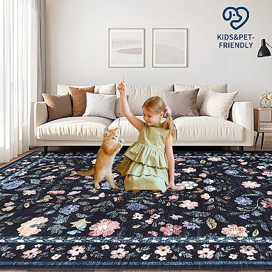 ANIXOL Washable Faux Wool Vintage Floral Print Area Rug