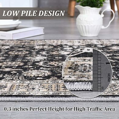 Boho Floral Vintage Distressed Washable Area Rug, Foldable Anti-Slip Stain-Resistant for Bedroom