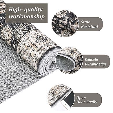 Boho Floral Vintage Distressed Washable Area Rug, Foldable Anti-Slip Stain-Resistant for Bedroom