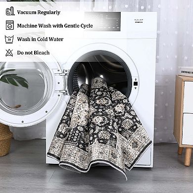 Boho Floral Vintage Distressed Washable Area Rug, Foldable Anti-Slip Stain-Resistant for Bedroom